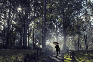 Man in foggy forest. Mixed media