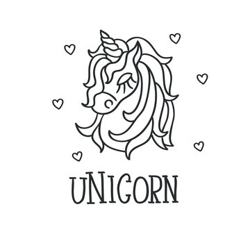 Unicorn head and hearts sketch icon