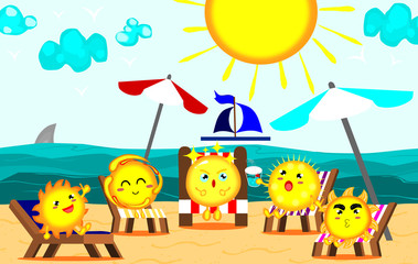 Fototapeta premium Cute sun sunbathing at Beautiful beach,relaxing time,summer concept,vector