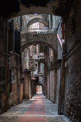 The narrow and dark streets of the Italian city of Ventimiglia