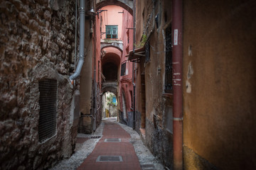 The narrow and dark streets of the Italian city of Ventimiglia