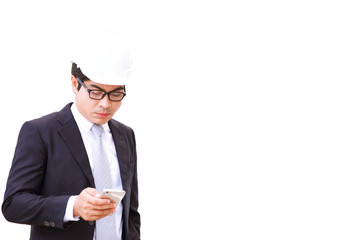 Businessman is looking at phone isolated on white background