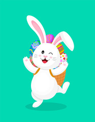 Cute cartoon white rabbit with backpack of Easter eggs.  Eggs hunt,  Happy Easter day.  Cartoon character design. Illustration isolated on green background.