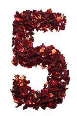 Number 5 from dried flowers of hibiscus tea on a white background. Number for banners, advertisements