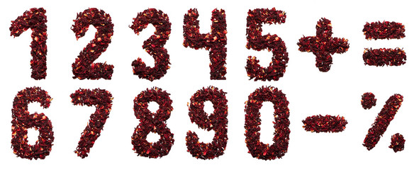 Number and symbol of dried hibiscus tea flowers on a white background.