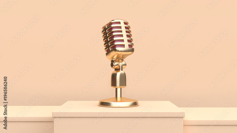 Poster gold reflection micro phone set on cream scene 3d rendering technology concept