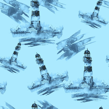 Seamless watercolor vintage background, with a blue picture of a lighthouse, sea landscape, breeze, waves. Retro style. Monochrome, blue Material, wallpaper, textiles with art illustra
