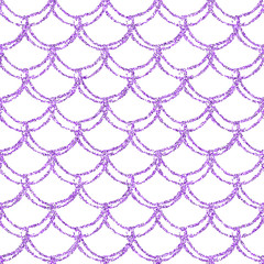 Glitter mermaid tail seamless pattern. Fish scale texture. Tillable background for girl fabric, textile design, wrapping paper, swimwear or wallpaper. Purple glitter mermaid background with fish skin.