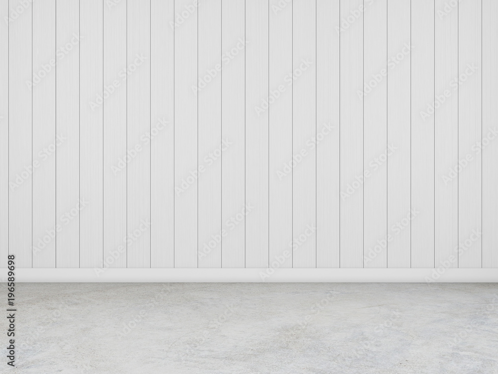 Aufkleber 3d stimulate of white empty room space and light plank wood wall texture and concrete floor ,perspec