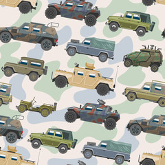 Militair voertuig vector leger auto en gepantserde vrachtwagen of gewapende machine illustratie set van oorlog transport naadloze patroon background