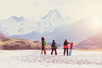 Ski concept friends snowboarders mountains