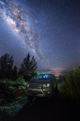 Bright milky way during clear night sky for background. image contain soft focus, blur and noise...
