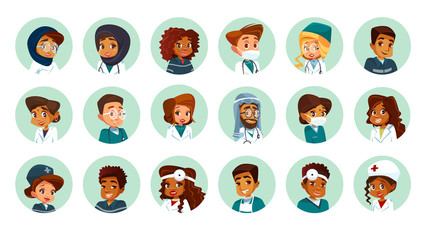 Vector cartoon multinational medical character avatars set. Circle icon with women men doctors medical uniform. African black caucasian indian muslim arab khaliji male female surgeon nurse specialist