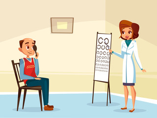 Vector cartoon woman doctor ophtalmologist doing eyesight test to adult man patient. Female optometristh caracter in medical uniform, vision examination consultation. Eye healthcare concept