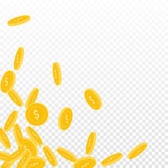 American dollar coins falling. Scattered big USD coins on transparent background. Splendid scattered bottom left corner vector illustration. Jackpot or success concept.