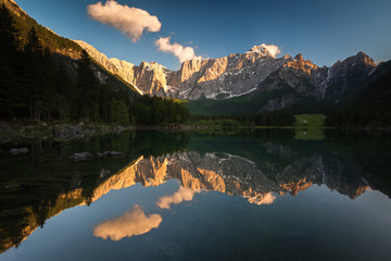 Mountain lake in Italy during sunset. 