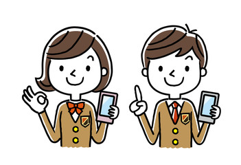 男子学生と女子学生：スマホ、スマートフォン