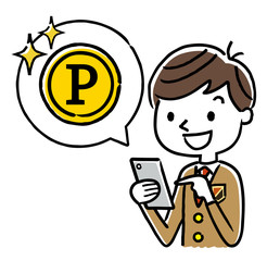 男子学生：スマートフォン、インターネット、ポイント