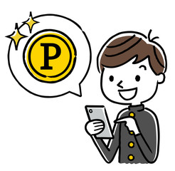 男子学生：スマートフォン、インターネット、ポイント
