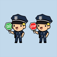 Cute Cops holding signage ,standing and smile , Police and officer security in uniform illustration, Vector illustration in a flat style