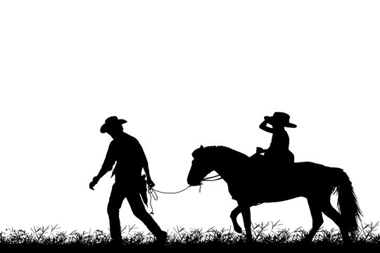  silhouette cowboy and girl riding a horse on white background