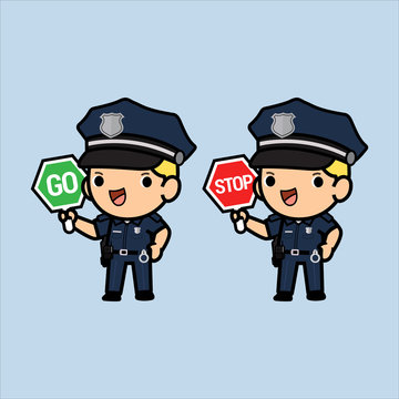 Cute Cops holding signage ,standing and smile , Police and officer security in uniform illustration, Vector illustration in a flat style