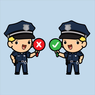 Cute Cops holding signage ,standing and smile , Police and officer security in uniform illustration, Vector illustration in a flat style