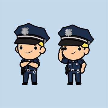 Cops or police officer, policeman in his uniform standing smile ,Cute Cartoon style, vector illustration in a flat style