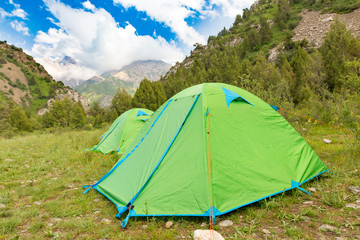 Tourist tent on nature in the mountains