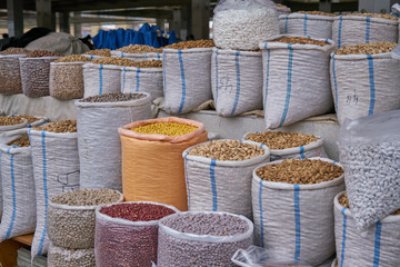 Raw shelled almonds in bag in orient market
