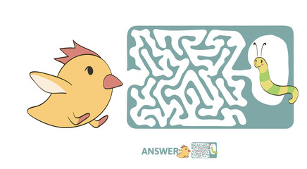 Children's maze with chicken and worm. Cute puzzle game for kids, vector labyrinth illustration.