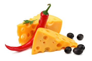 piece of cheese with chili pepper isolated on white background