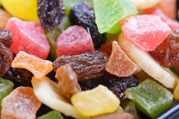 Macro of various tasty and colorful dry fruits	