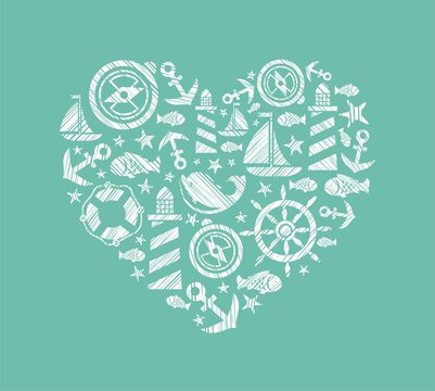 Sea heart background, blue-green, vector. Dolphin, fish and attributes sea travel. White icons in the shape of a heart. Vector picture. Hatching with a white pencil on a blue-green field. Imitation.  