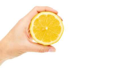 female hand holding lemon. Isolated on white background. copy space, template