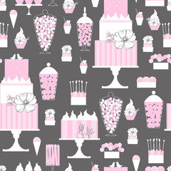 Wedding candy bar with cake. Dessert table. Vector  seamless pattern.