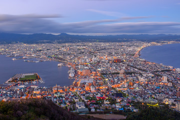 Aerial view of Hakodate from the top of Mount Hakodate before sunset. Hakodate, Japan.