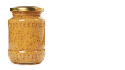 home made mustard in glass bottle isolated on white background. copy space, template