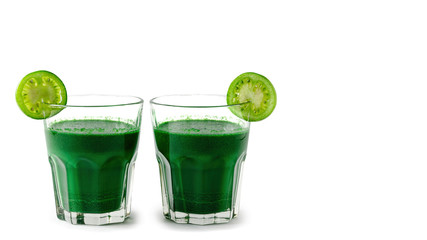 green smoothies with fresh vegetables and fruits, healthy nutrition concept, isolated on white background. copy space, template.