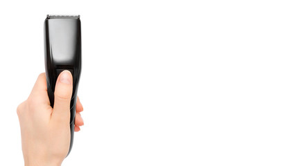 woman hand holding barber trimmer. Isolated on white background. copy space, template.
