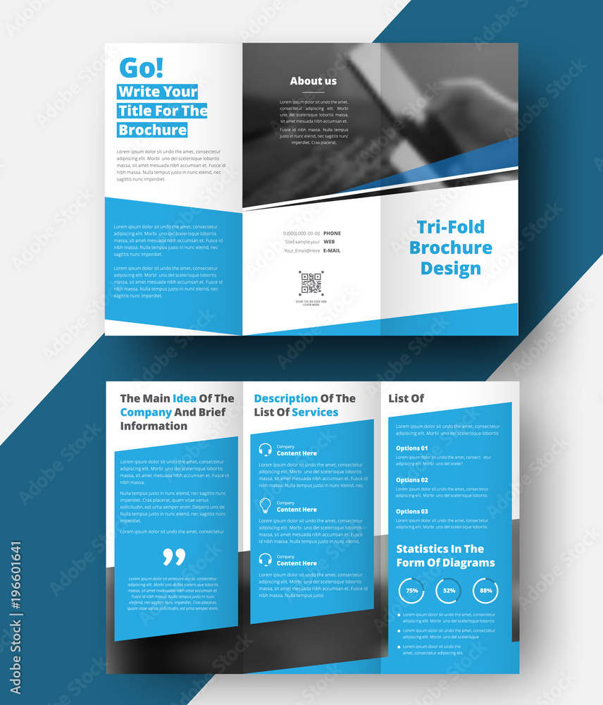 Poster tri-fold brochure with diagonal lines and a place for photos.