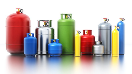 Multi-colored gas cylinders isolated on white background. 3D illustration