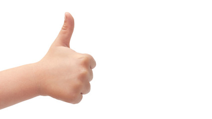 hand of kids hand gesture of thumbs up. Isolated on white background. copy space, template