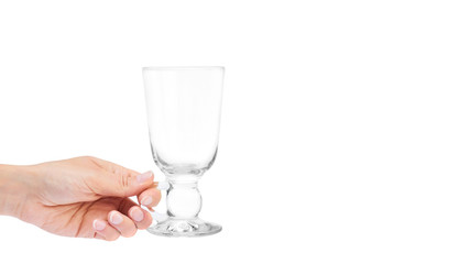 female hand holding glass cup. Isolated on white background. copy space, template