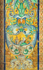 Azulejo, painted tin-glazed ceramic tilework in the Royal Palace (Real Alcazar) - Seville, Andalusia, Spain