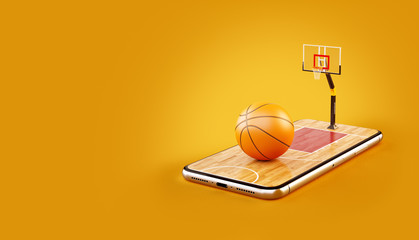 Unusual 3d illustration of a basketball ball on court on a smartphone screen. Watching basketball and betting online concept