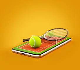 Foto auf Leinwand Unusual 3d illustration of a tennis ball and racket on court on a smartphone screen. Watching tennis and betting online concept © ASTA Concept