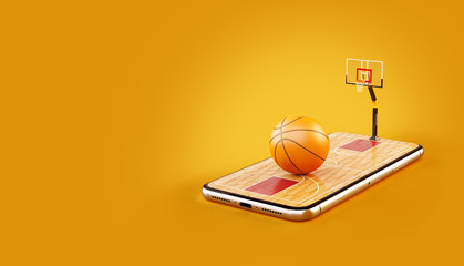 Fototapeta premium Unusual 3d illustration of a basketball ball on court on a smartphone screen. Watching basketball and betting online concept