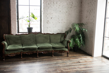 Luxury vintage green couch in the room. Antique wood sofa couch. Classical style armchair.