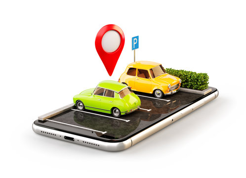 Unusual 3d illustration os smartphone application for online searching free parking place on the map. Parking and car sharing concept